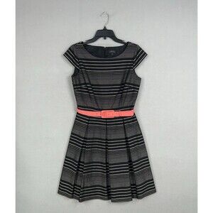 Tahari Dress Womens 6 Black White Stripe Pink Belt Mod Retro Rockabilly Office